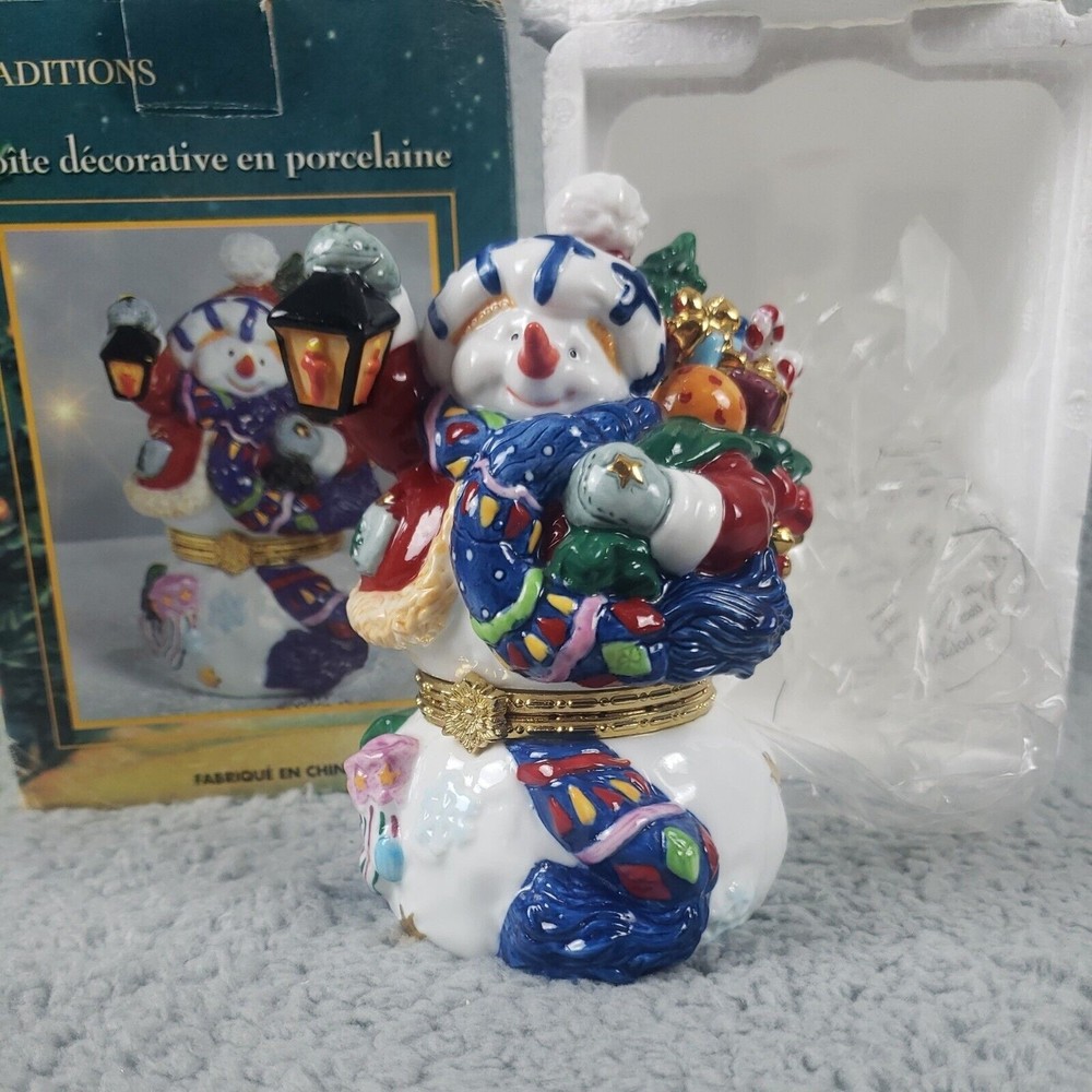 Traditions Porcelain Hinged Keepsake Decorative Box Christmas Snowman Toys Light